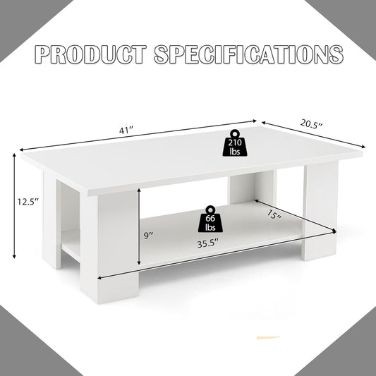 Giantex Rectangle Wood Center Table, 41" L 2-Tier Small Modern Tea Table w/Open Compartment, Easy Assembly, Accent Coffee Table for Living Room, Reception Room, White