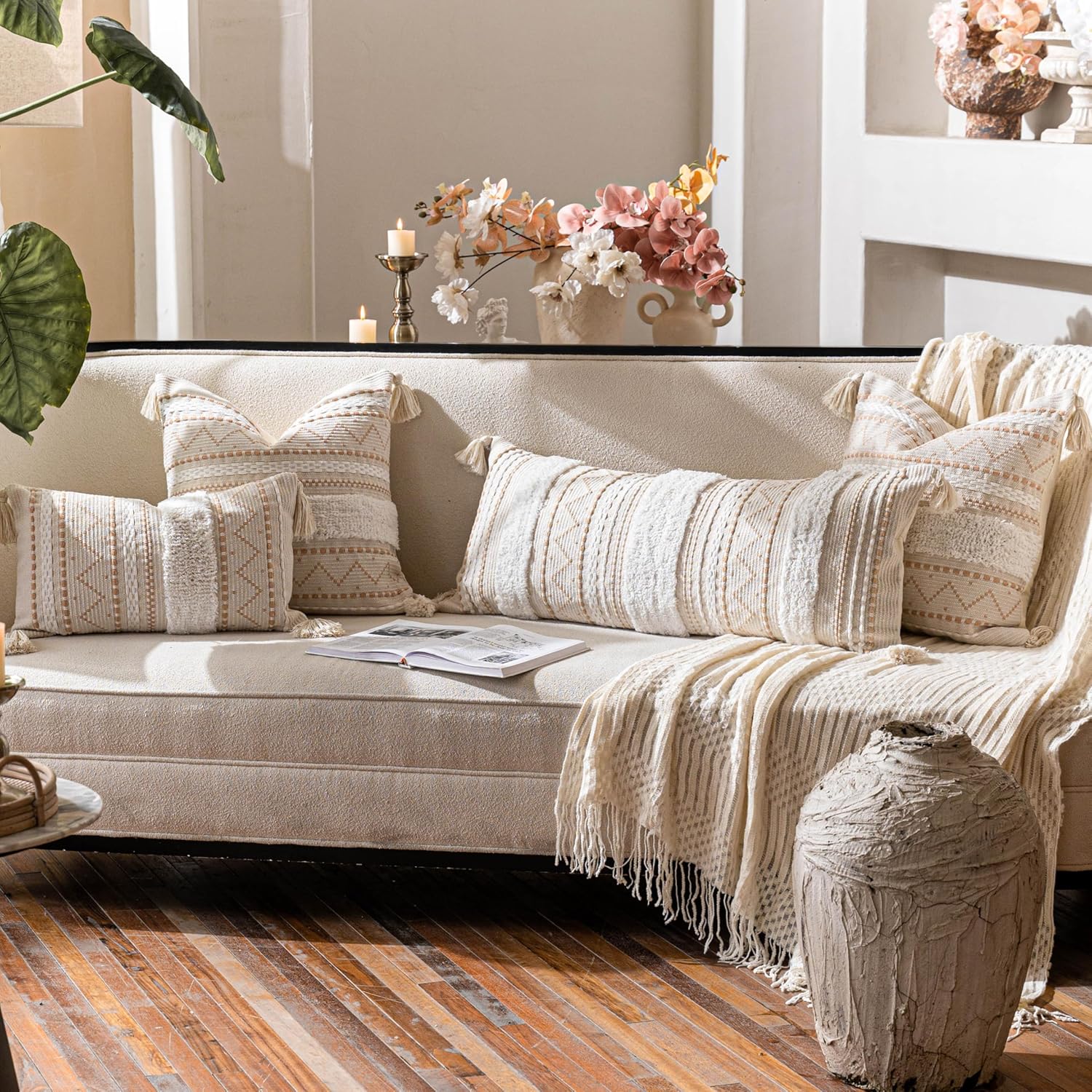BlissBlush 14x36 Lumbar Pillow Cover for Bed, Rectangular Long Decorative Throw Pillowcase, Boho Accent Cushion with Tufted Pattern and Tassels, Cream Beige Neutral (Cover Only)