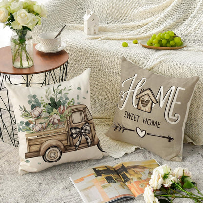 colorlife Bless Our Home Farmhouse Eucalyptus Leaves Throw Pillow Covers, 18 x 18 Inch Truck Home Sweet Home Cushion Case Decorations Set of 4
