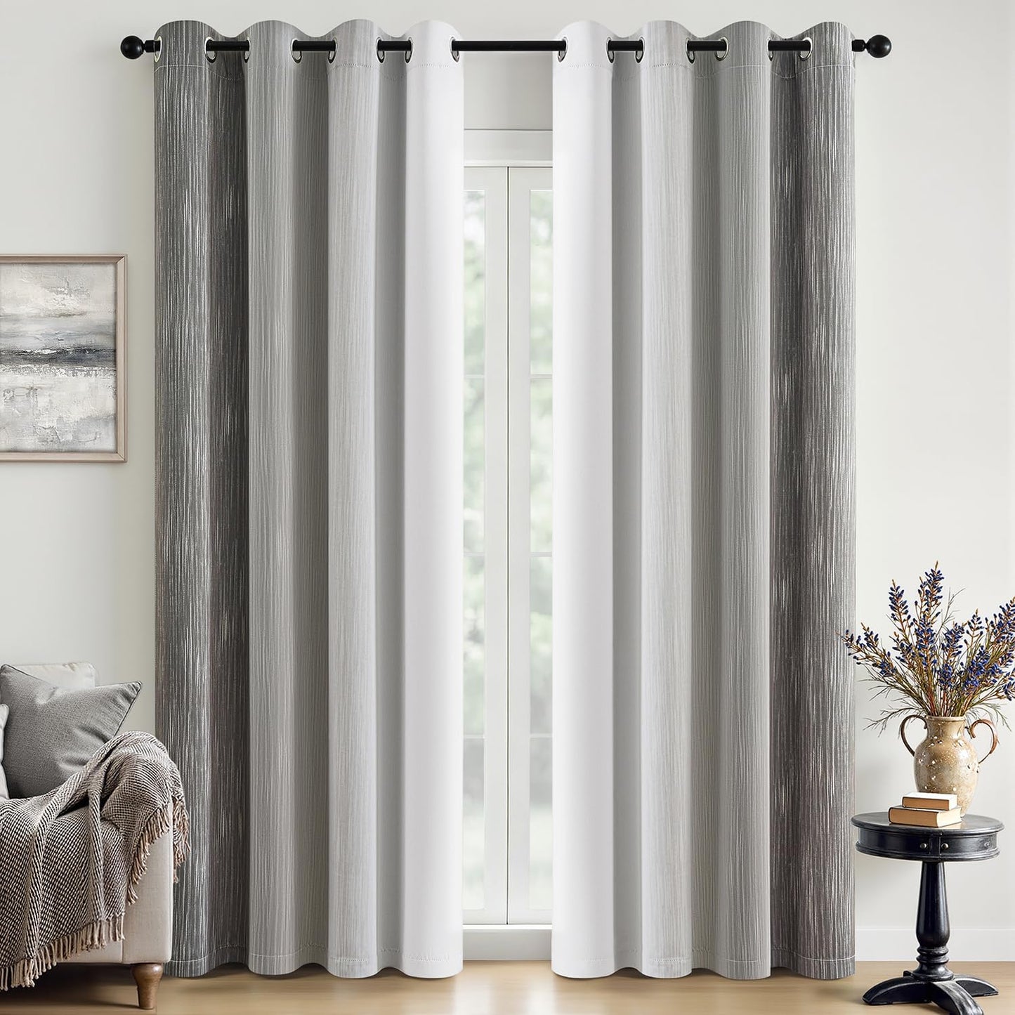 Ombre 100% Blackout Curtains, Navy Blue and Greyish White Full Room Darkening Thermal Insulated 84 Inches Long Drapes for Bedroom/Living Room Grommet Window Treatments Modern 52Wx84L, Set of 2