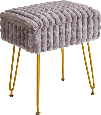 Rectangle Vanity Chair with Storage Space, Footrest Footstool Ottoman, Vanity Stool, Dressing Table Chair, with Anti-Slip Feet, for Makeup Room, Bedroom, Square Grid Pattern, White WBD004W