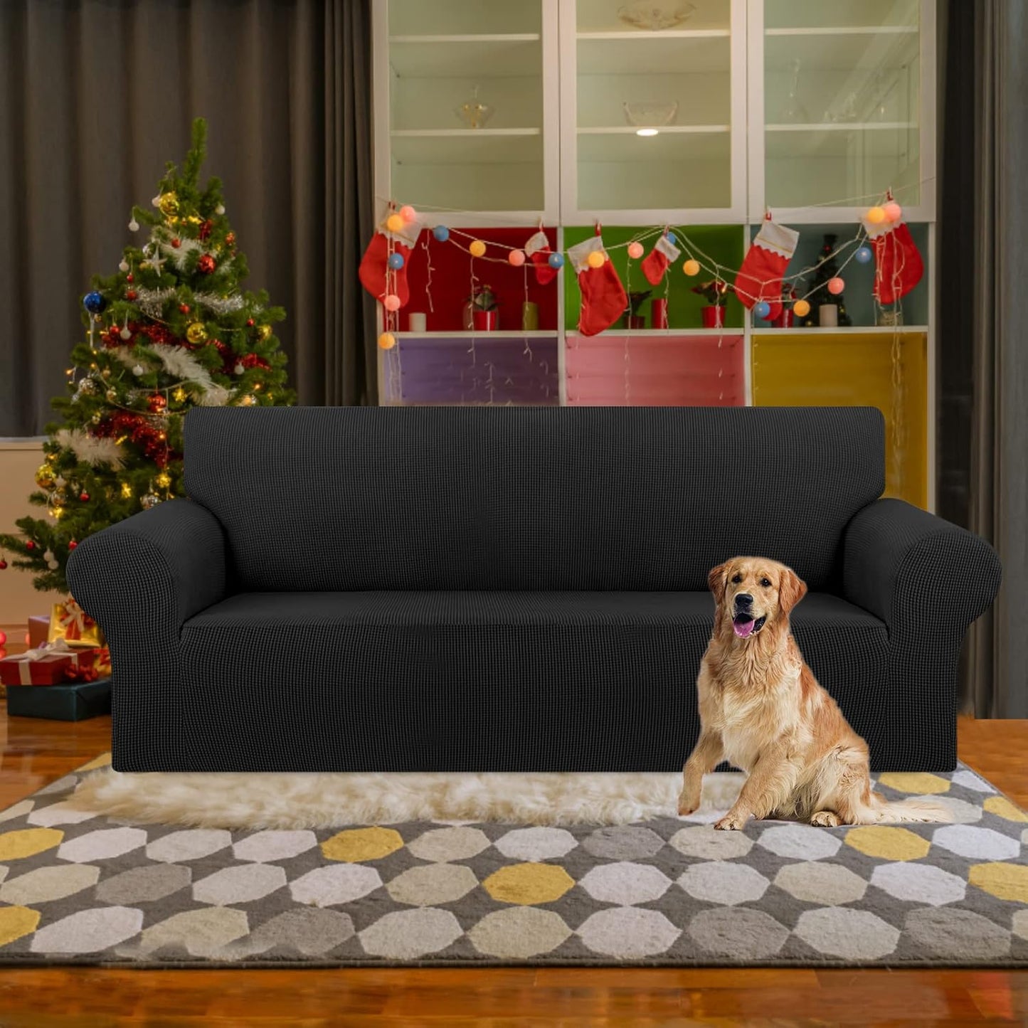 Stretch Sofa Cover Slipcover ，Couch Covers for 3 Cushion Couch Sofa pet Friendly (78"-94") Furniture Protector Sofa with Elastic Bottom for Kids,Dog, Jacquard Small Checked(Large,Black)
