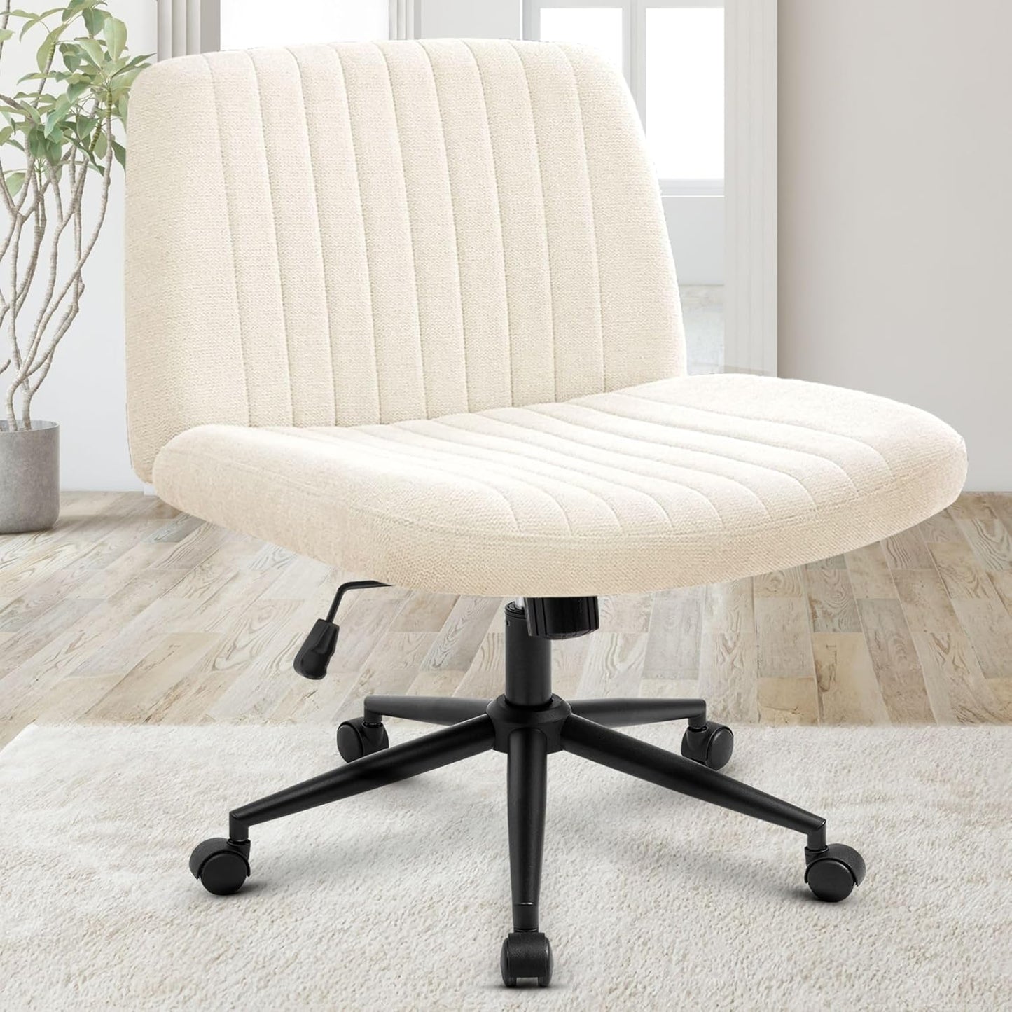 Chair Wheels Wide Cross Legged Office Desk Vanity Chair Comfy Fabric Armless Adjustable Swivel for Home Computer Task (Beige Wheel, Fabric)
