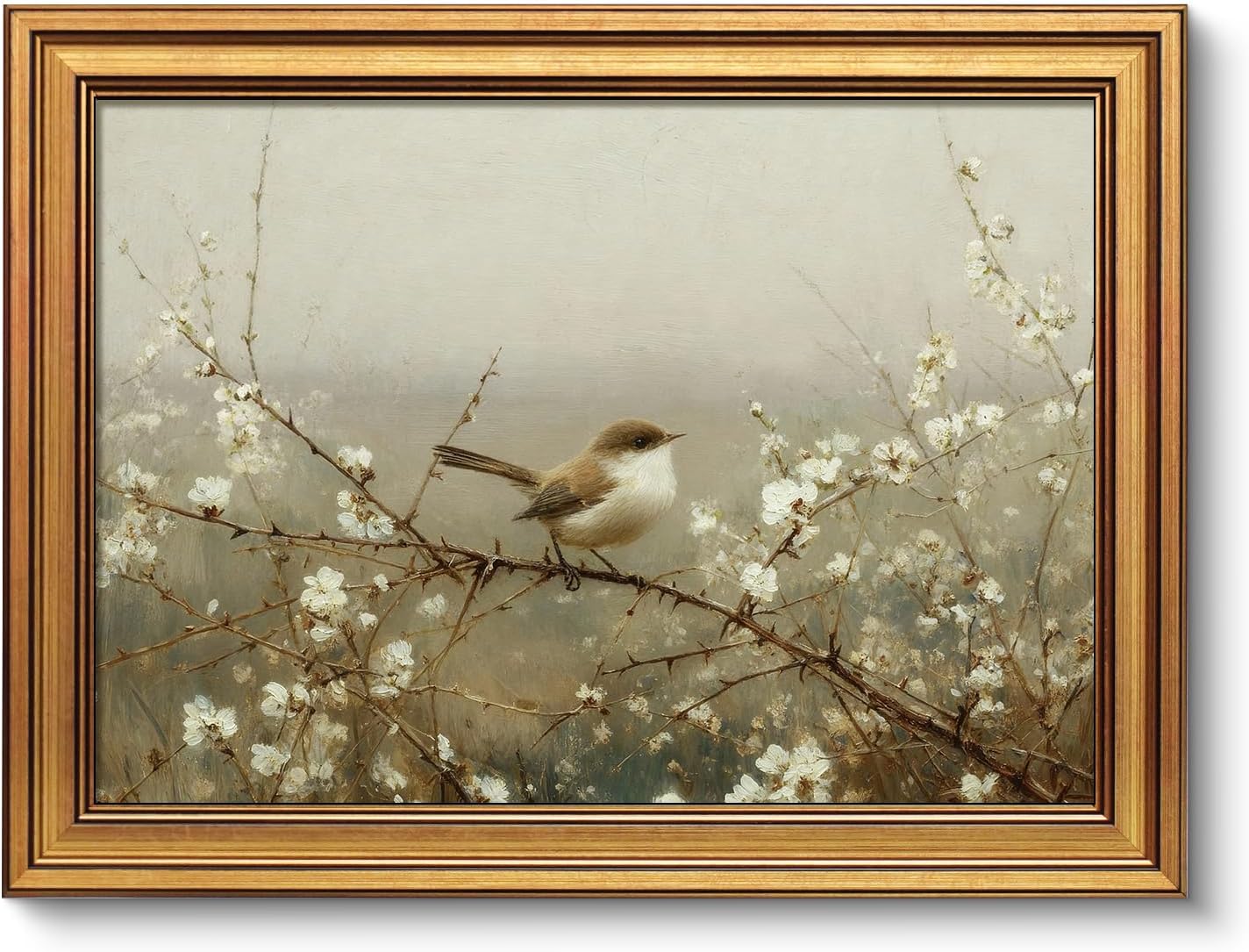 Vintage Gold Framed Wall Art, Sketch Birds Canvas Painting, Cute but Exquisite Wall Decor, No Glass No Glare, Suitable for Bedside Tables, Foyer, Bookshelves,【Hummingbird】-10L x 8W