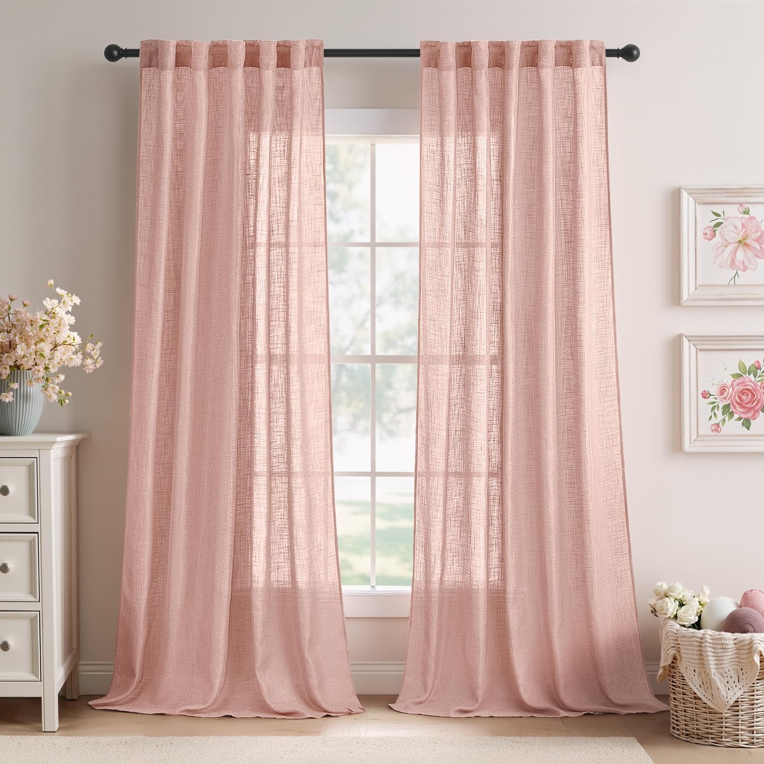 Natural White Linen Curtains 84 Inch Long for Bedroom Living Room, Soft Thick Linen Textured Window Drapes Semi Sheer Light Filtering Rod Pocket Back Tab Neutral Farmhouse Cream Ivory 2 Panels